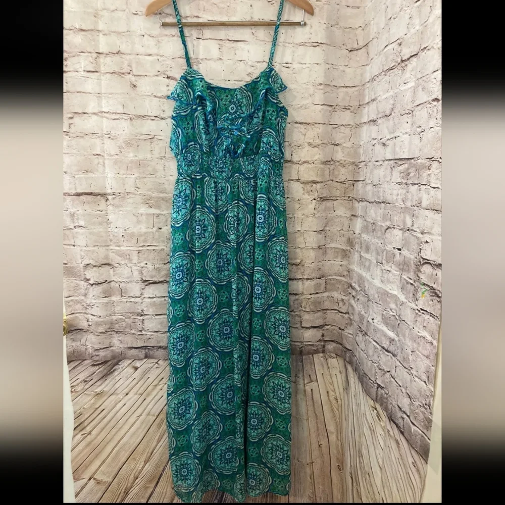 Maxi Dress Womens L Teal Green Medallion Print Ruffle Full Length Sleeve… - Picture 2 of 8